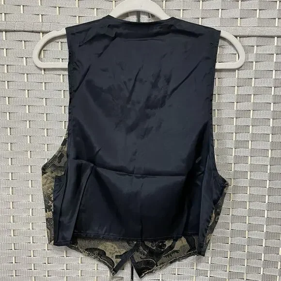 Facets by Mirrors Vintage Tapestry Vest Women M Black Cherubs Angels Satin Back - Picture 2 of 7